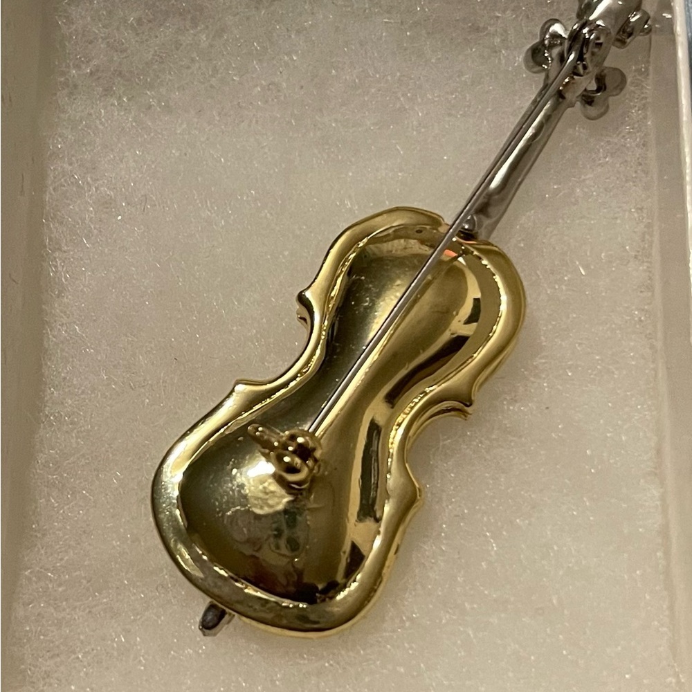 Vintage Gold and Silver Violin Brooch with Crystal Accents - Picture 2 of 3